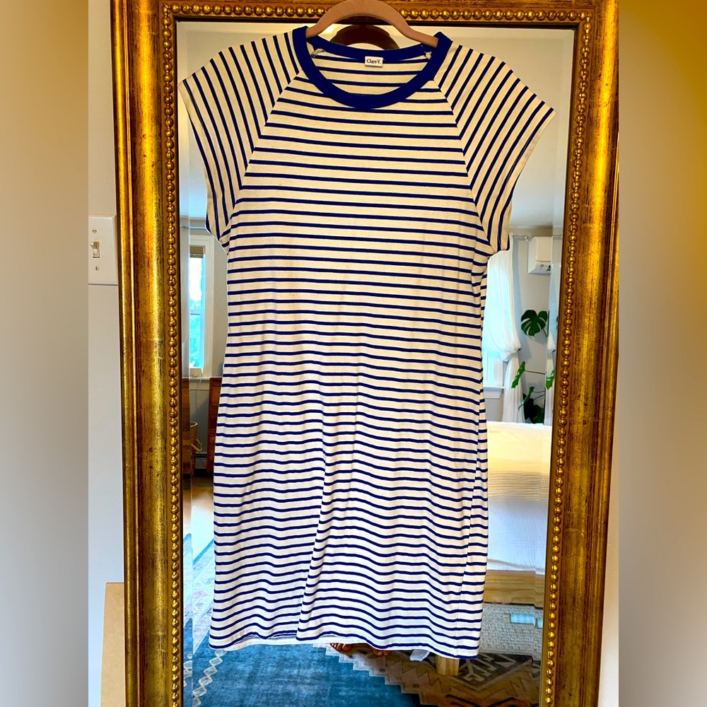 Clare V. Blue and White Striped T-shirt Dress